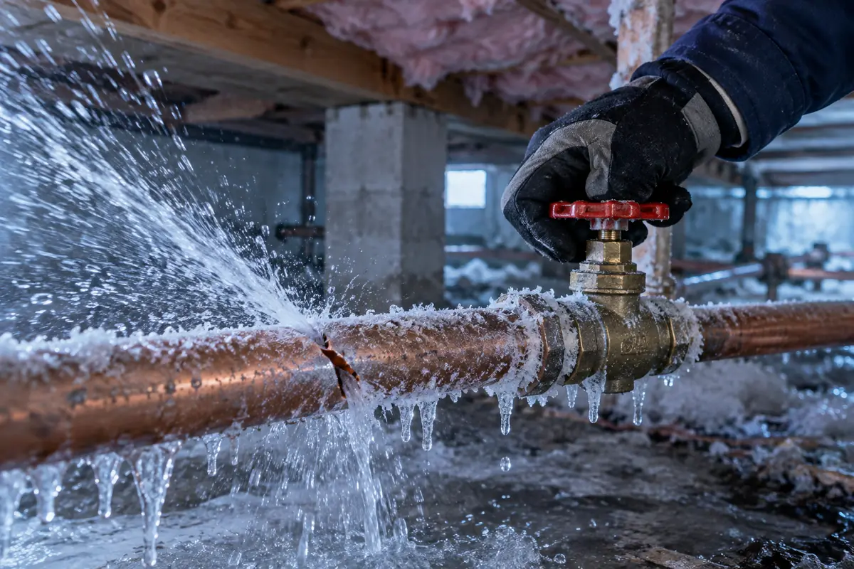 Gloved hand closing the shut-off valve on a burst frozen pipe
