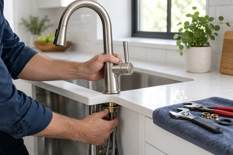 Plumber installing a brushed-nickel kitchen faucet