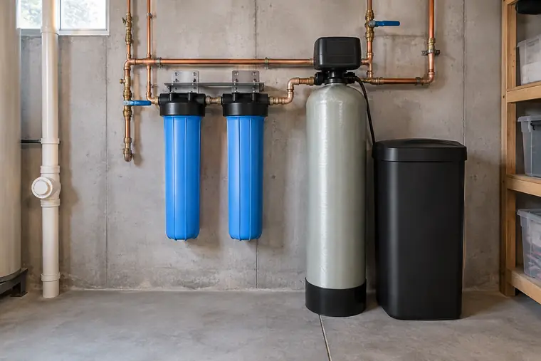 Whole-house water filtration and softener system on a basement wall