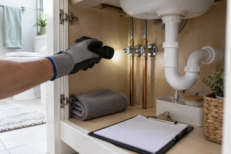 Plumber checking supply lines and shut-off valves under a bathroom vanity