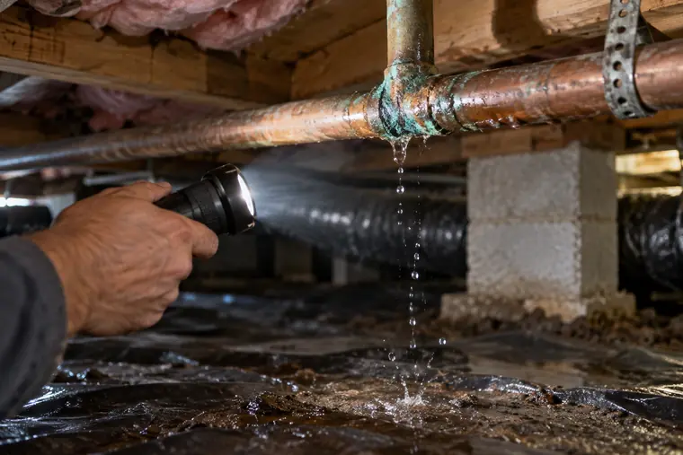 Flashlight on a leaking copper pipe joint in a crawl space