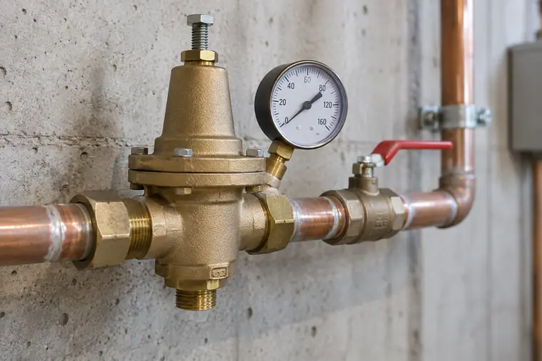 Brass water pressure regulator with gauge on a copper main line