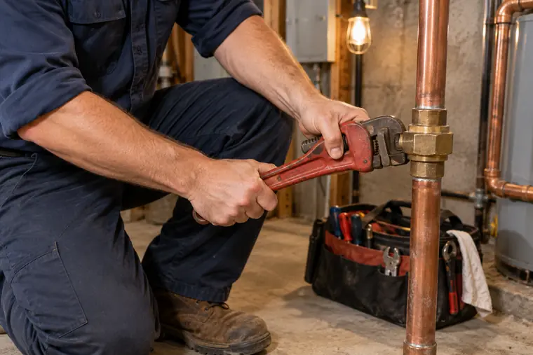 Plumber tightening a union on a copper water line with a pipe wrench
