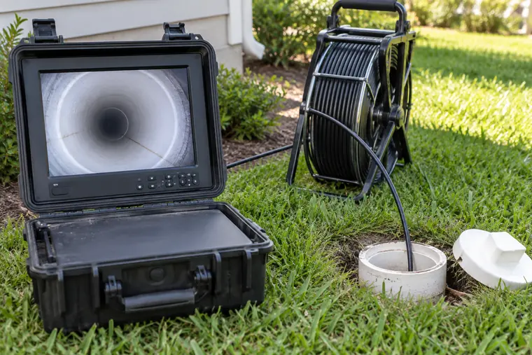 Sewer camera monitor beside an open cleanout in a yard