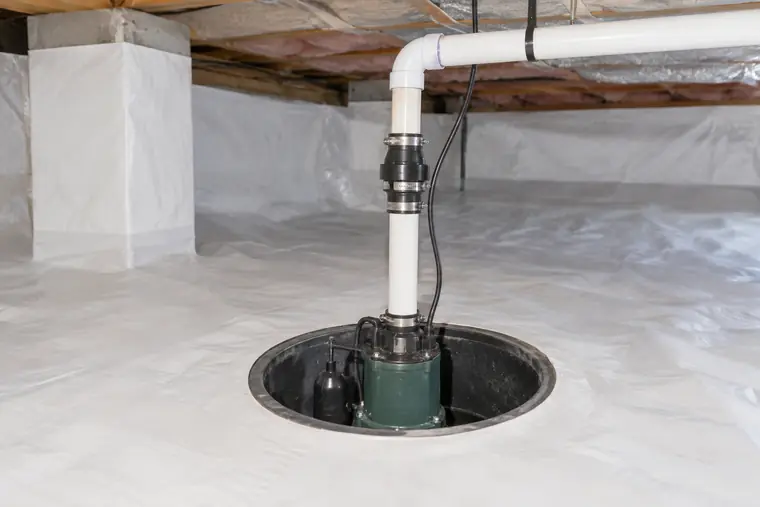 New sump pump in a basin in a sealed crawl space