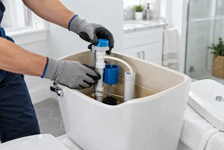 Plumber replacing the fill valve inside a toilet tank