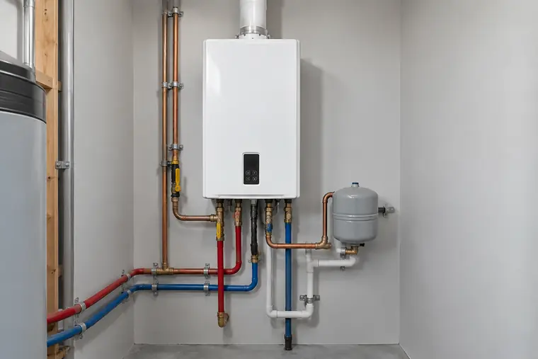 Wall-mounted tankless water heater with copper and PEX lines