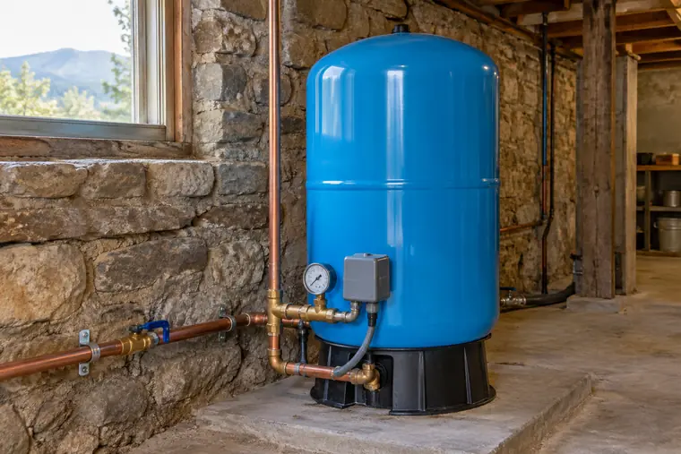 Blue well pressure tank with pressure switch in a basement